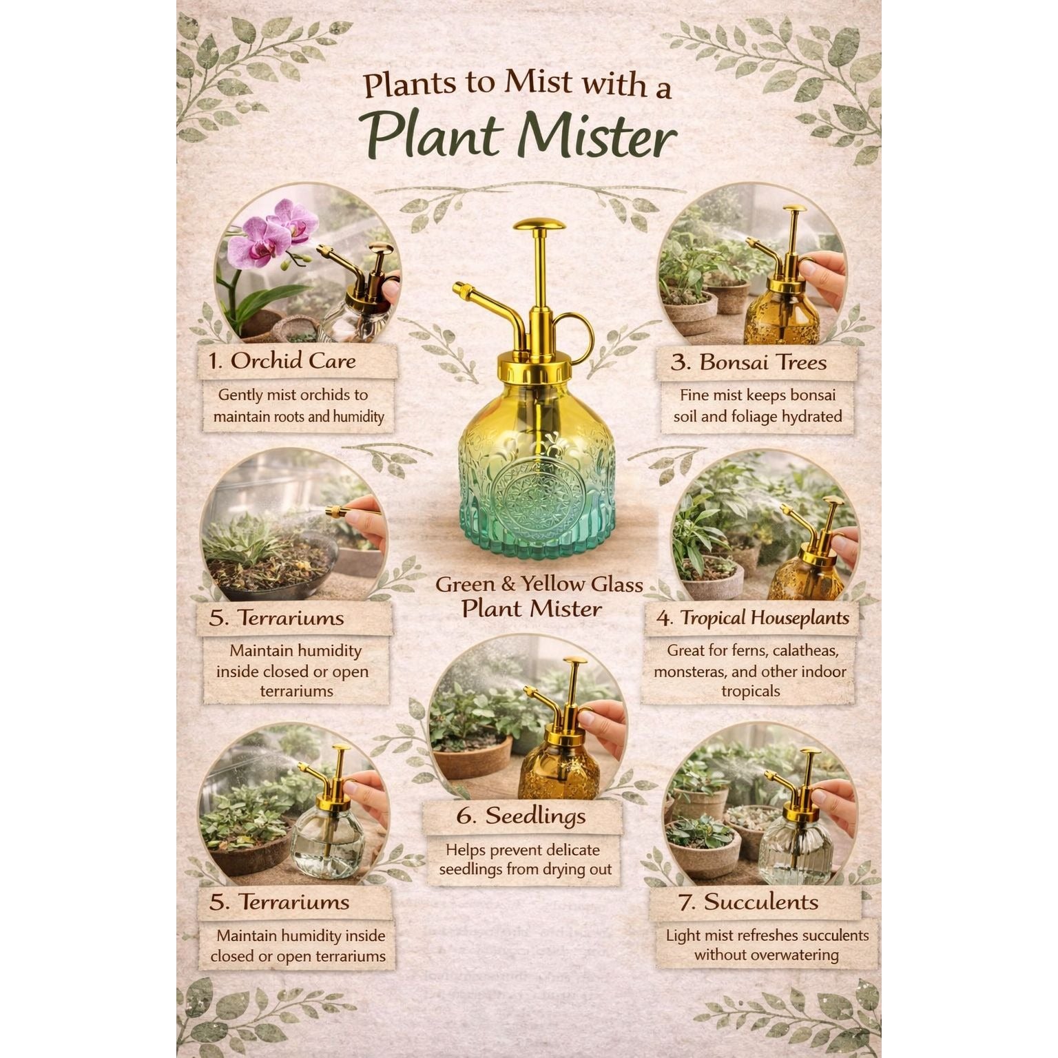 Green Yellow Glass Plant Mister Spray Bottle 6oz Orchid Bonsai Air Plant Mister