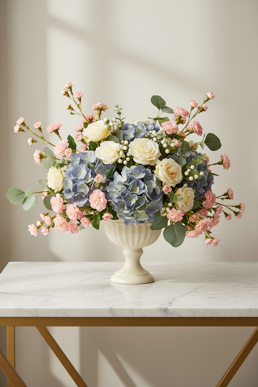 Dusty Blue Blush Compote — Locked Tiny Pink Blooms