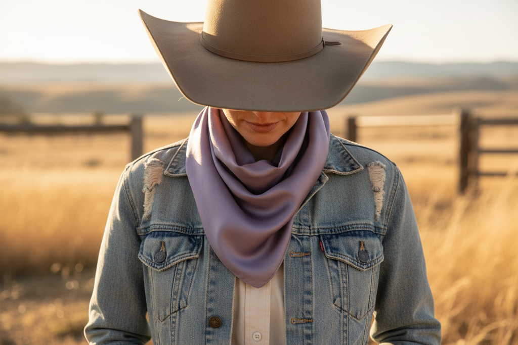 Dusty purple wild rag scarf worn by cowgirl with denim jacket and cowboy hat ranch style
