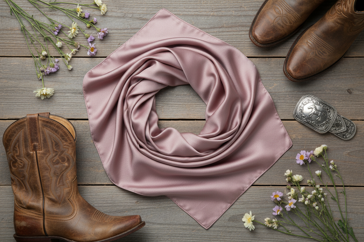 Dusty rose wild rag scarf 35x35 inches satin western neck scarf detail