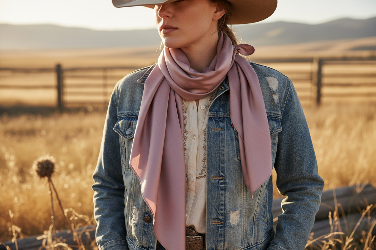 Dusty rose wild rag scarf worn by cowgirl with denim jacket and cowboy hat ranch style