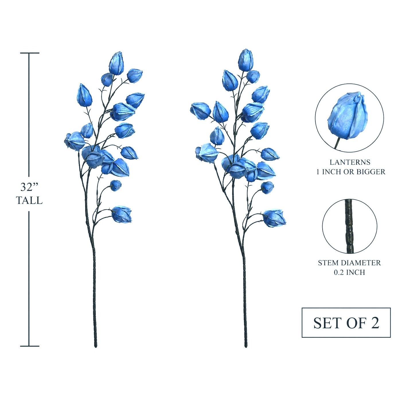 Two blue floral branches with measurements and details on a white background