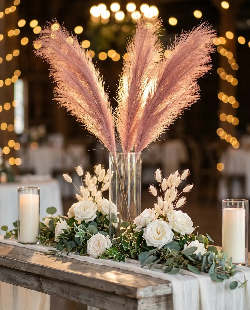 Rose pink faux pampas grass 3 stems as wedding centerpiece in tall glass vase with white roses and string light bokeh