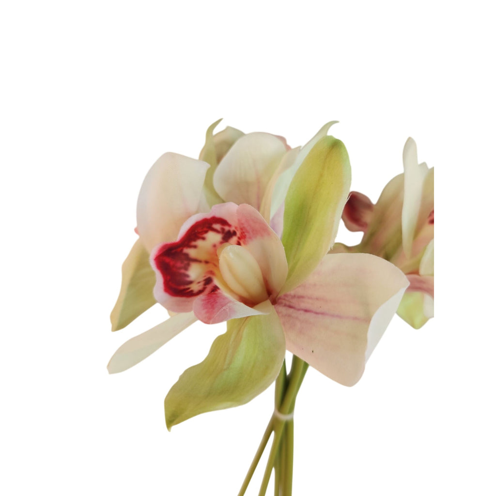 Artificial Cymbidium Orchid Stems Cream Green Burgundy Faux Orchid Bouquet Realistic Floral Arrangement 15 Inch