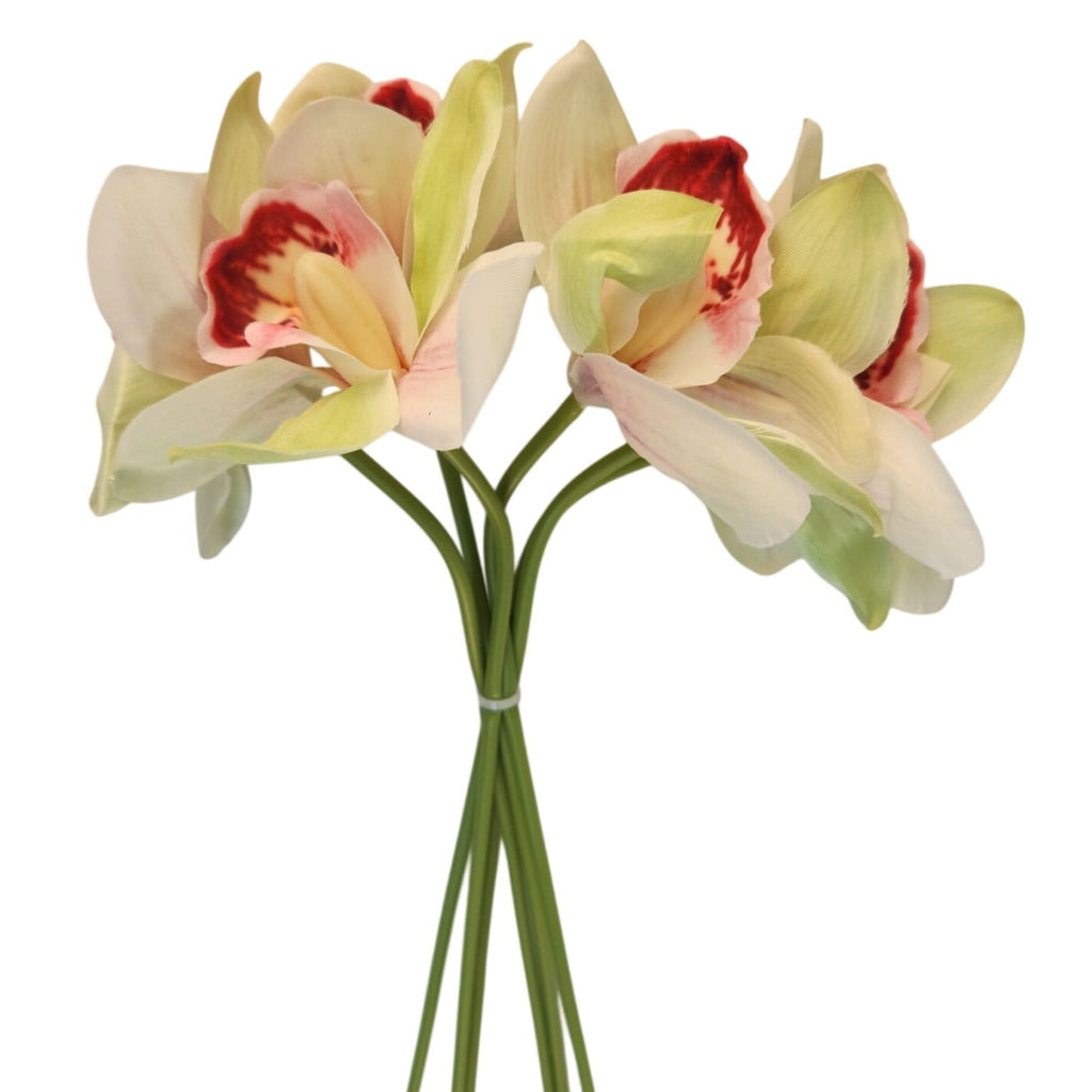 Bouquet of artificial orchids on a white background