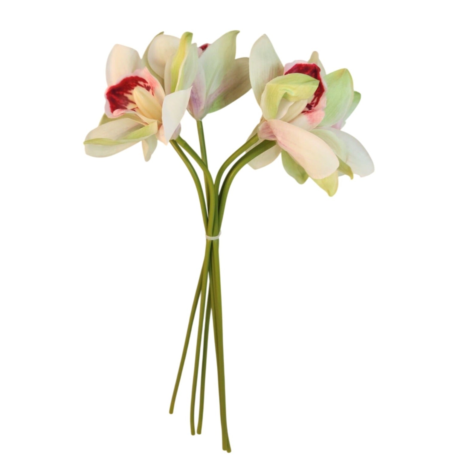 Artificial Cymbidium Orchid Stems Cream Green Burgundy Faux Orchid Bouquet Realistic Floral Arrangement 15 Inch