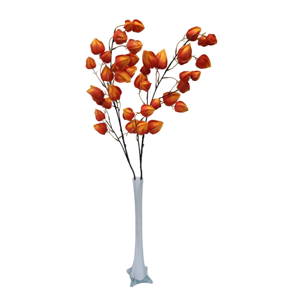 Artificial Orange Chinese Lantern Flower Stems Set of 2 Tall Faux Autumn Branches Centerpiece