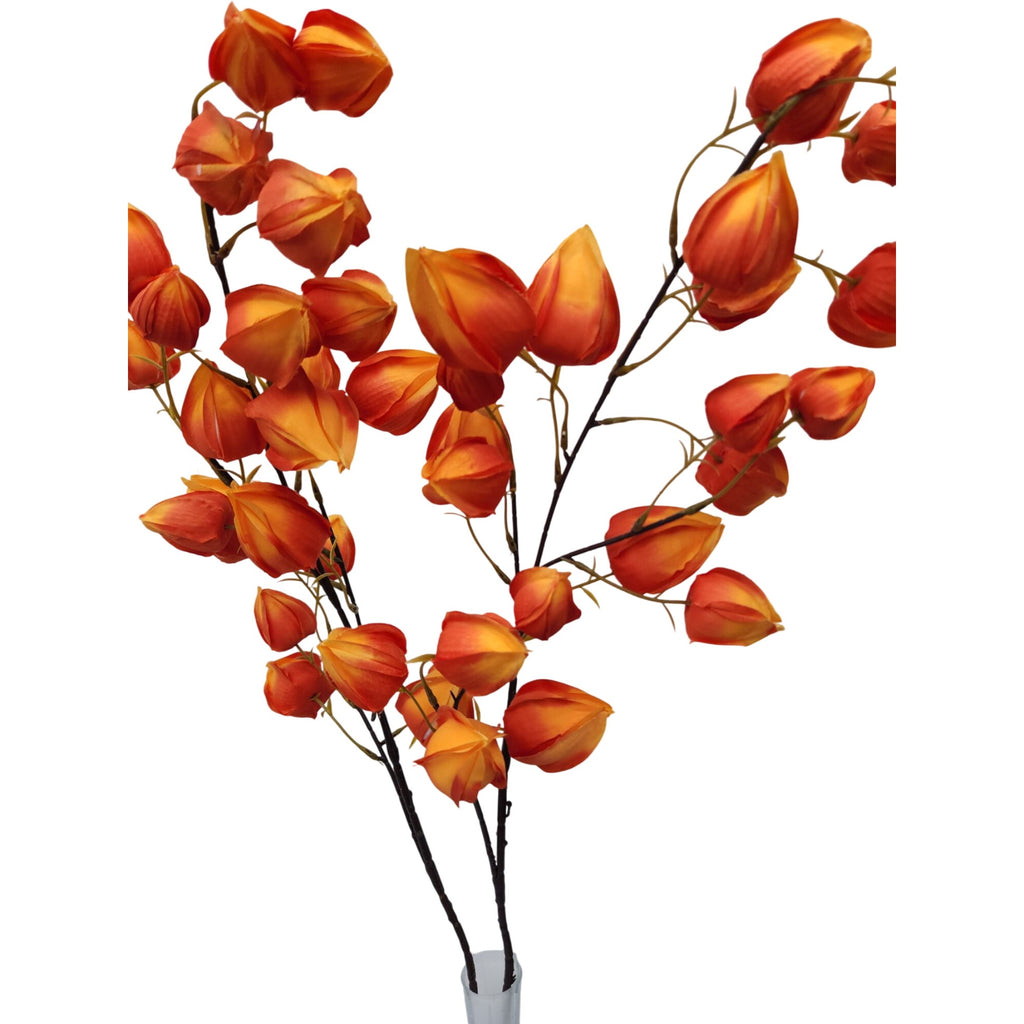Artificial Orange Chinese Lantern Flower Stems Set of 2 Tall Faux Autumn Branches Centerpiece