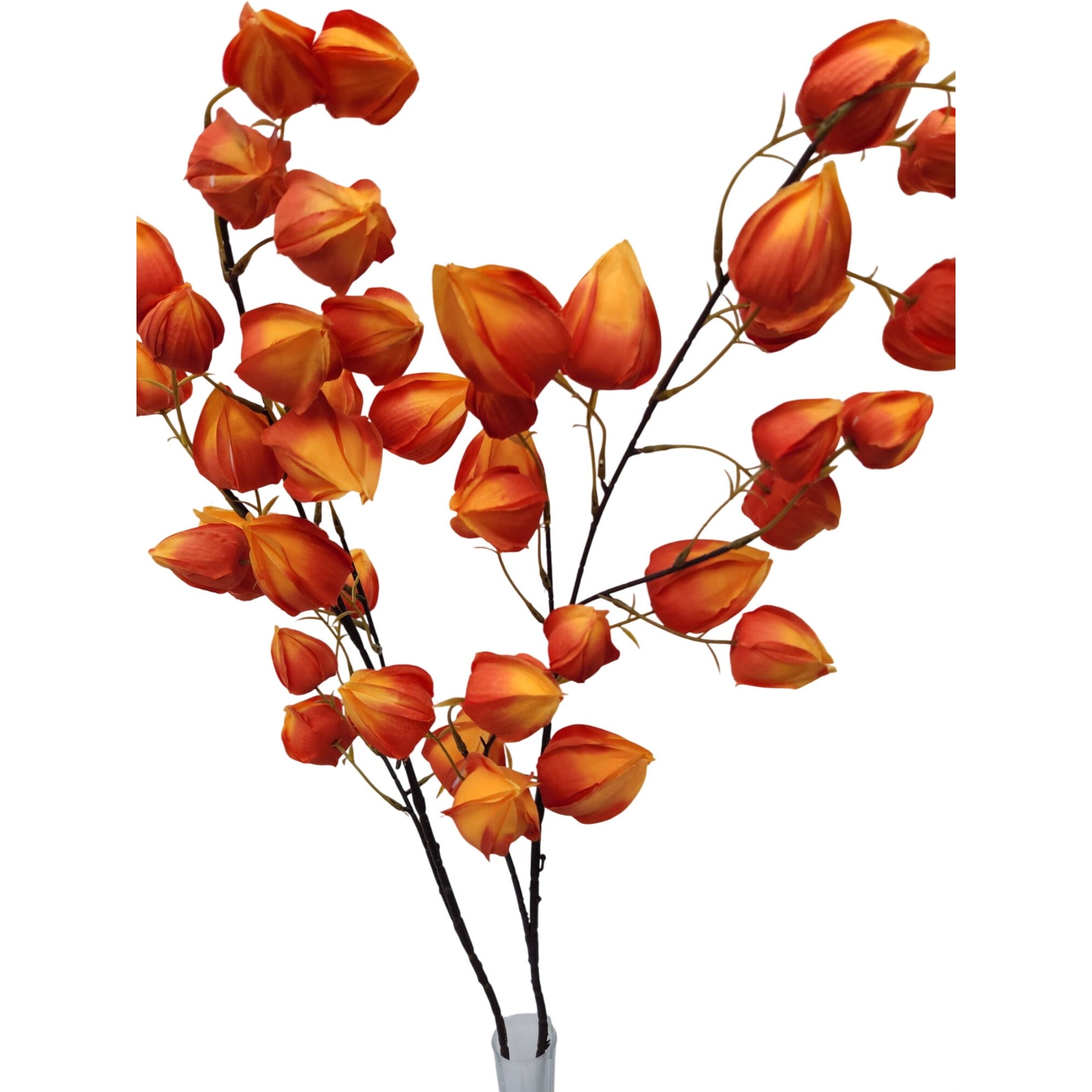 Artificial Orange Chinese Lantern Flower Stems Set of 2 Tall Faux Autumn Branches Centerpiece