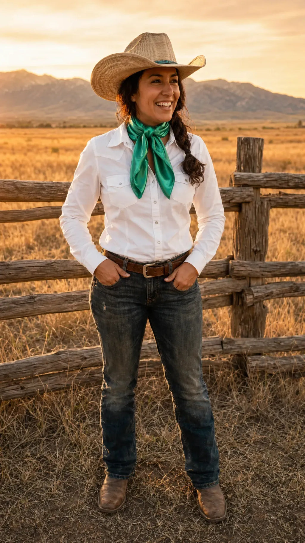 Jade green wild rag scarf worn by model in western lifestyle setting