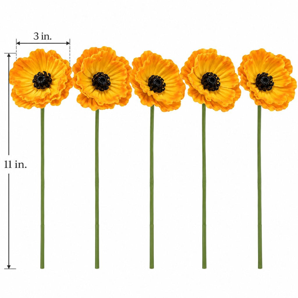5 Golden Yellow Faux Poppy Stems, 11-Inch Artificial Harvest Floral Decor