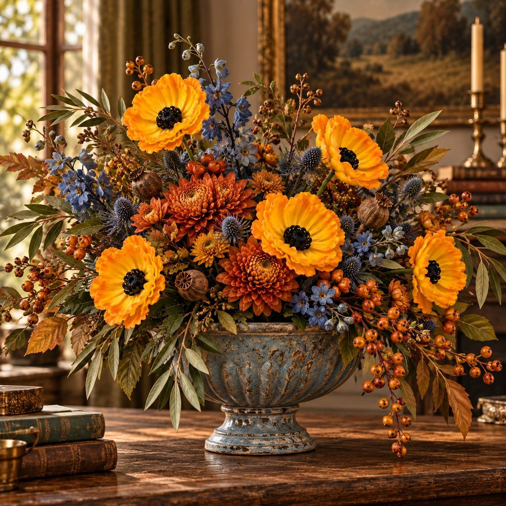 5 Golden Yellow Faux Poppy Stems, 11-Inch Artificial Harvest Floral Decor