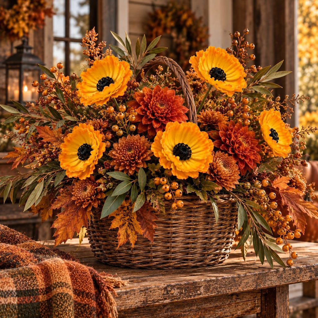 5 Golden Yellow Faux Poppy Stems, 11-Inch Artificial Harvest Floral Decor