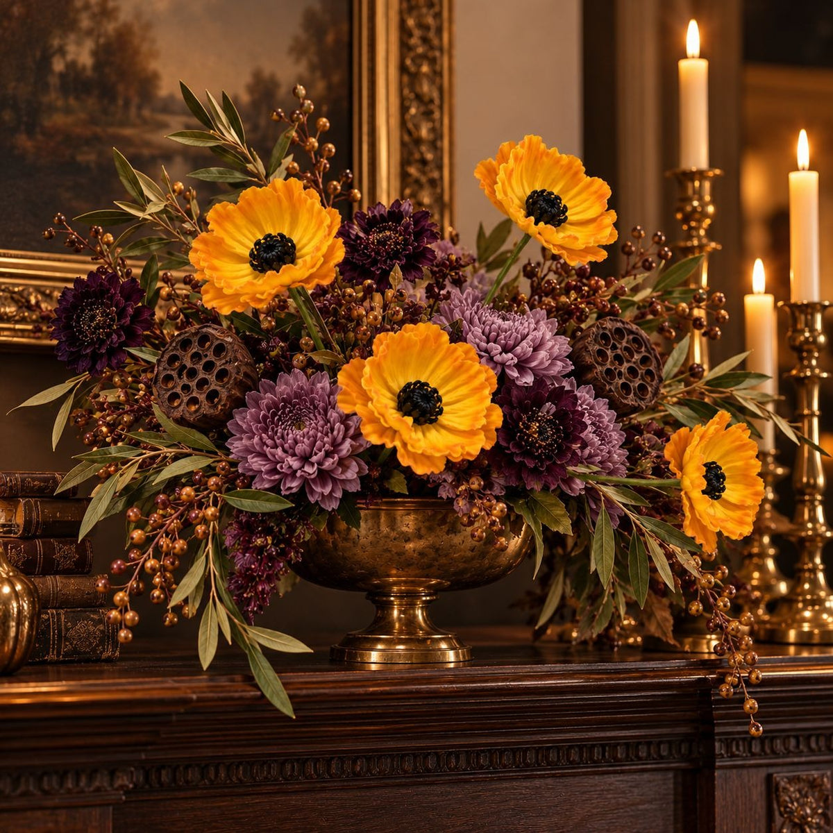 5 Golden Yellow Faux Poppy Stems, 11-Inch Artificial Harvest Floral Decor