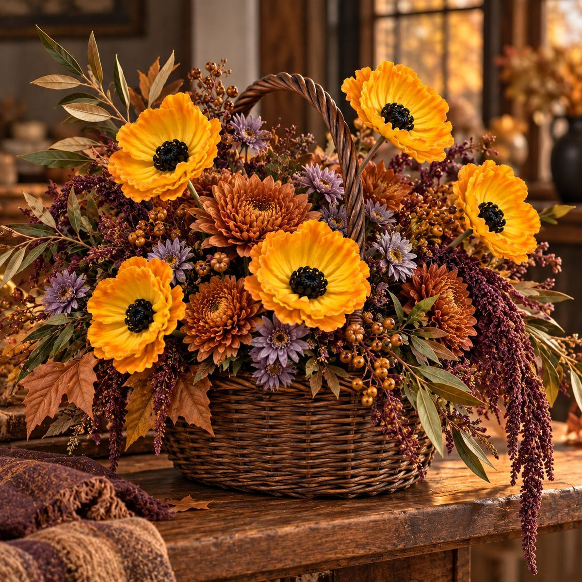 5 Golden Yellow Faux Poppy Stems, 11-Inch Artificial Harvest Floral Decor