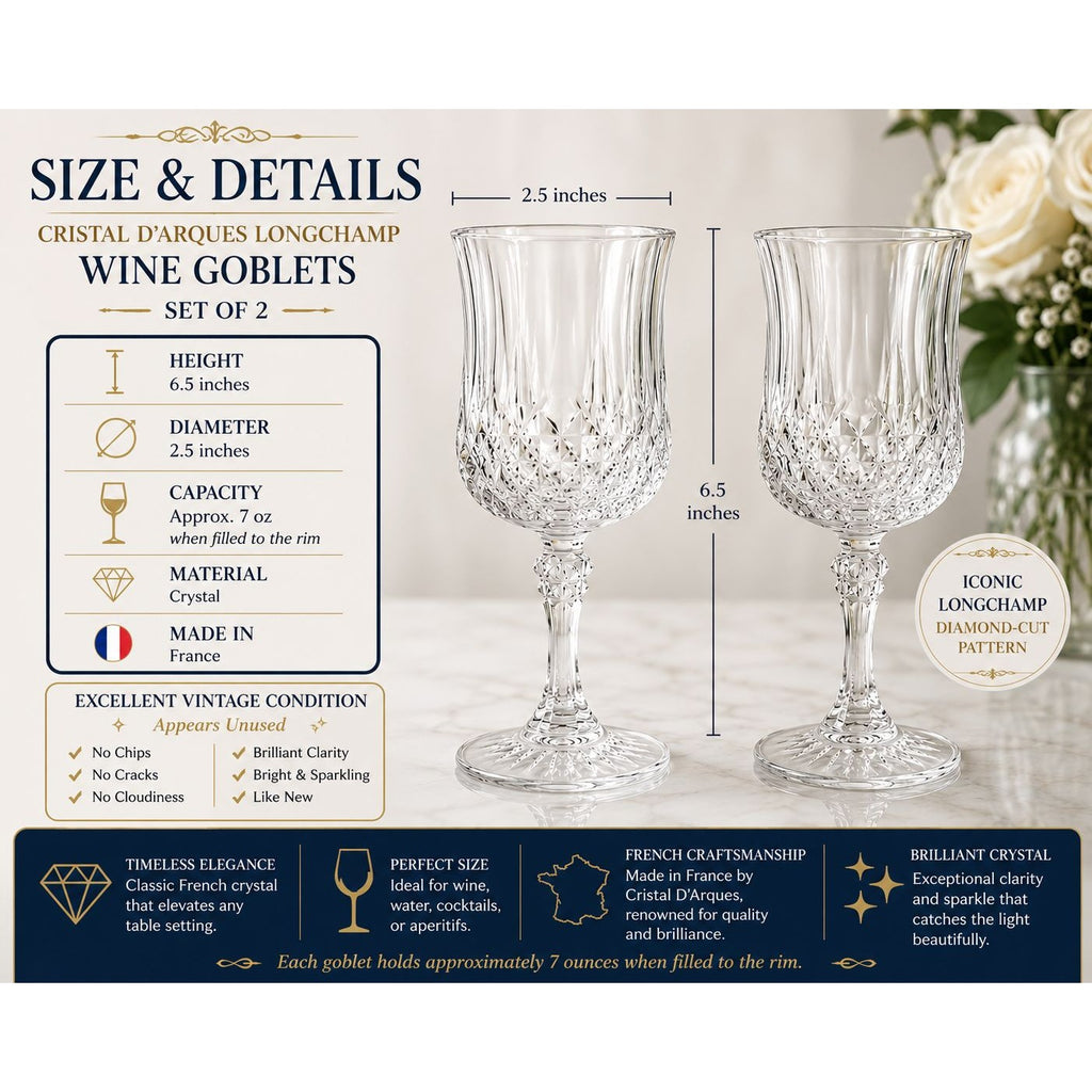 Vintage Cristal D'Arques Longchamp Wine Glasses Set of 2 French Crystal Goblets Diamond Cut Stemware Made in France