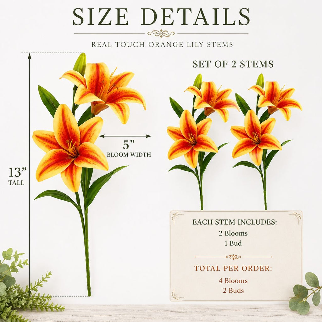 Real Touch Orange Lily Stems Set of 2 Artificial Tiger Lily Spray Faux Fall Flowers Autumn Wedding Flowers Thanksgiving Centerpiece Decor