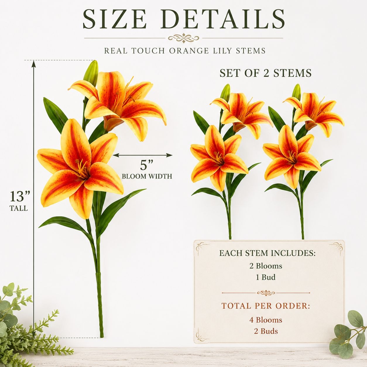 Real Touch Orange Lily Stems Set of 2 Artificial Tiger Lily Spray Faux Fall Flowers Autumn Wedding Flowers Thanksgiving Centerpiece Decor