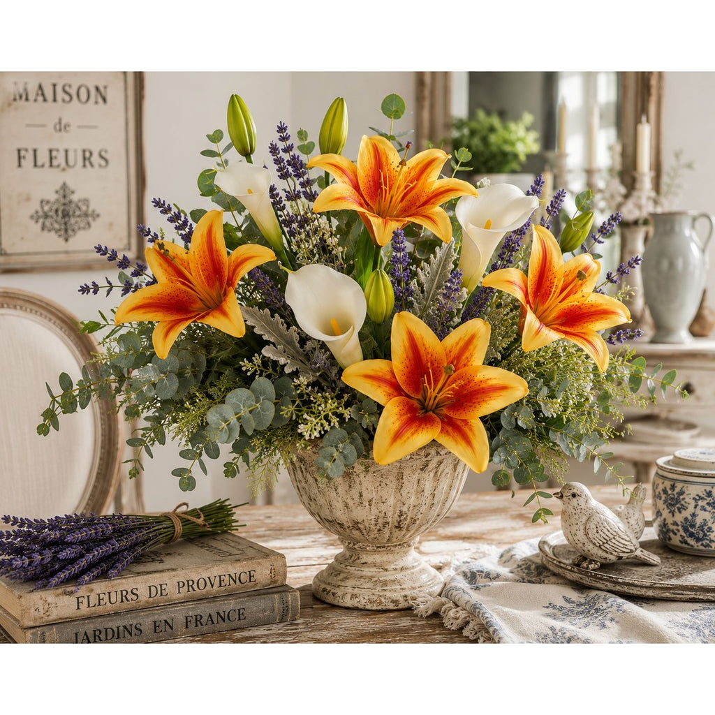 Real Touch Orange Lily Stems Set of 2 Artificial Tiger Lily Spray Faux Fall Flowers Autumn Wedding Flowers Thanksgiving Centerpiece Decor
