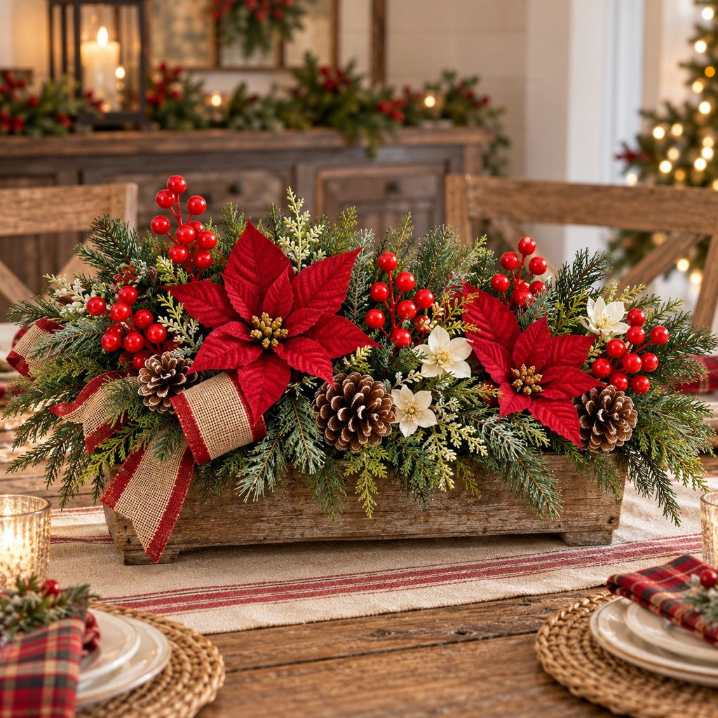 A festive Christmas centerpiece arranged in a rustic wooden rectangular box on a dining table. The arrangement features red poinsettias, red berries, green pine branches, white flowers, pinecones, and a red-and-burlap ribbon bow.