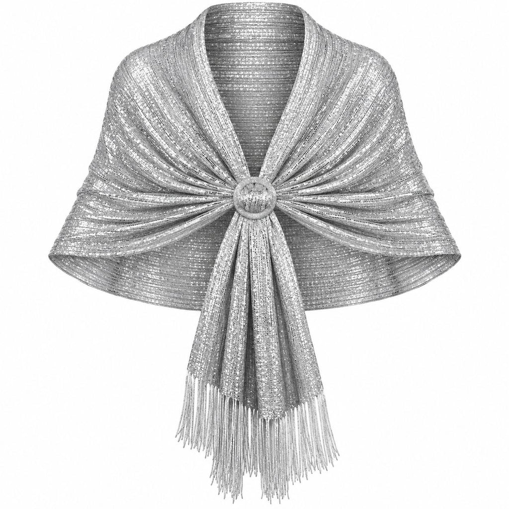 A shimmering silver knit wrap or shawl with fringe and a decorative round center detail, shown on a plain white background.