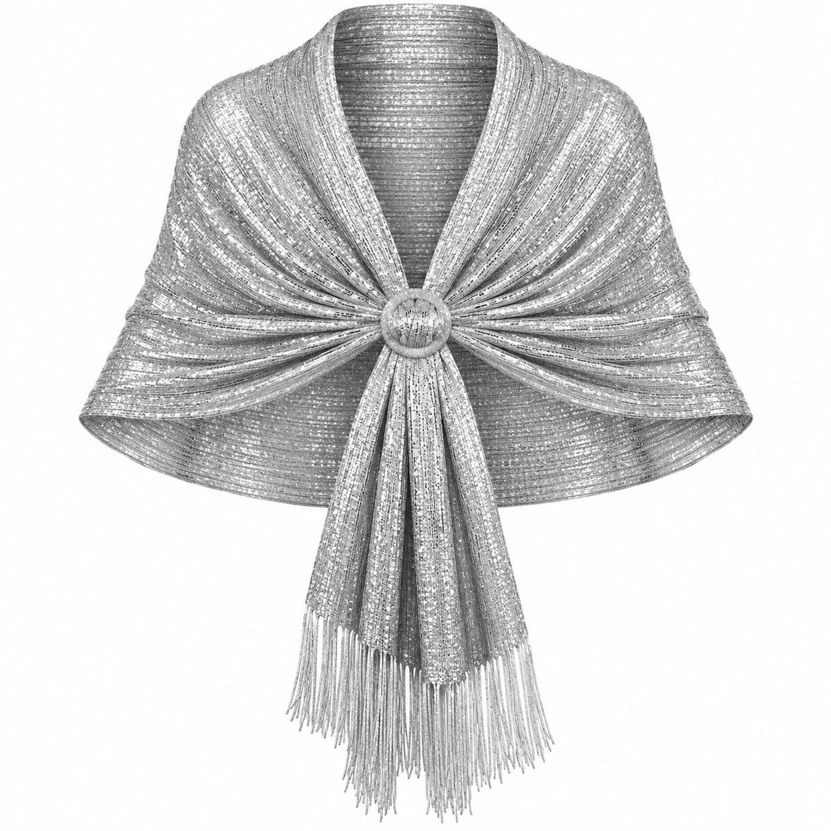 A shimmering silver knit wrap or shawl with fringe and a decorative round center detail, shown on a plain white background.