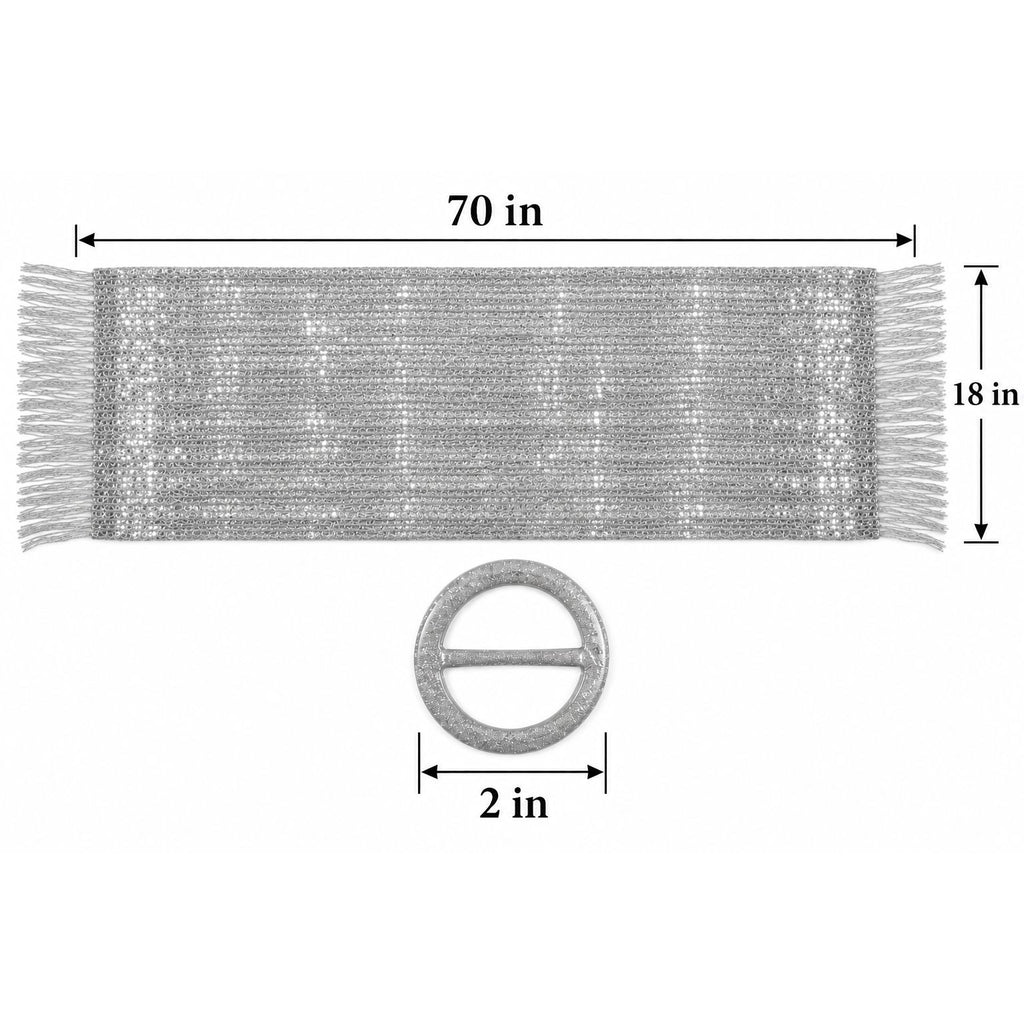 Silver metallic fringe trim with a double-buckle detail, shown with dimension annotations indicating a length of 70 inches, height of 18 inches, and buckle width of 2 inches.