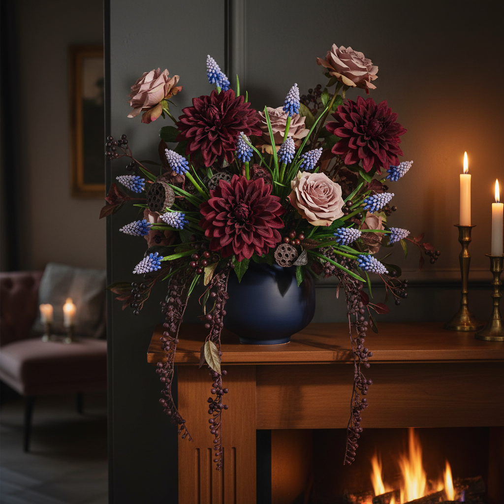 Early Fall Moody Interior Arrangement with Grape Hyacinth