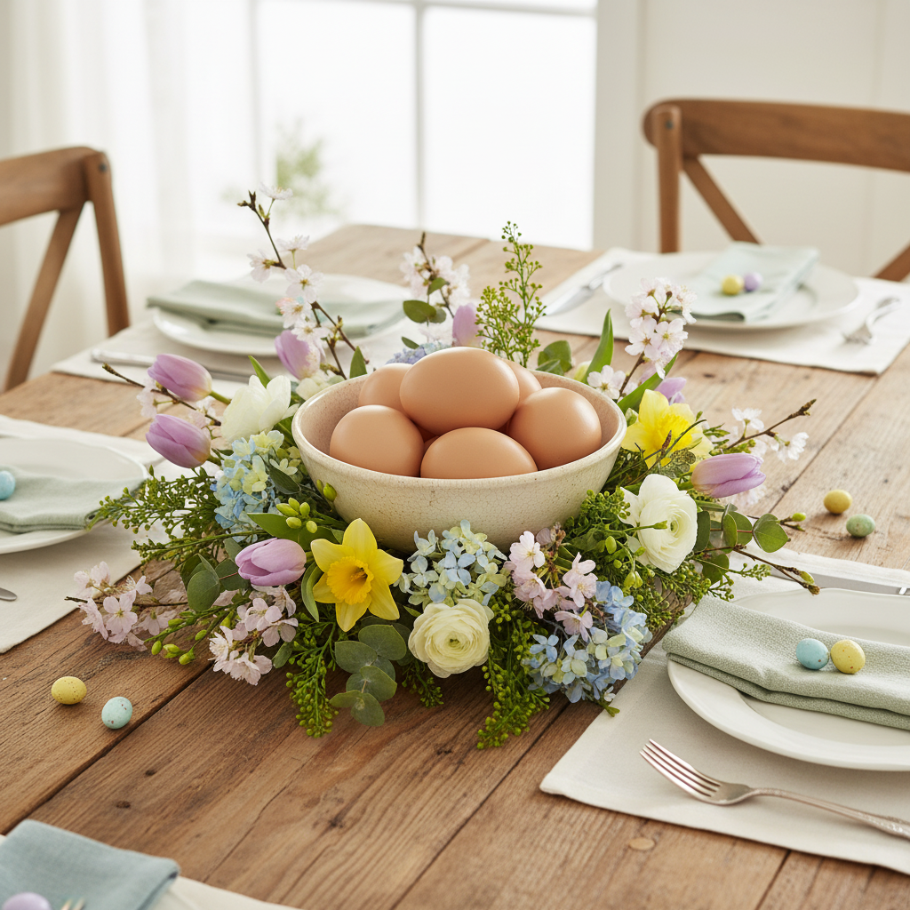 Easter table centerpiece with plastic eggs