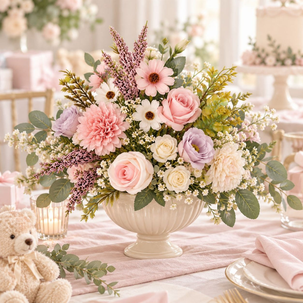 Pink Artificial Flower Bush, 7-Stem 12-Inch Mixed Bouquet for Wedding Decor