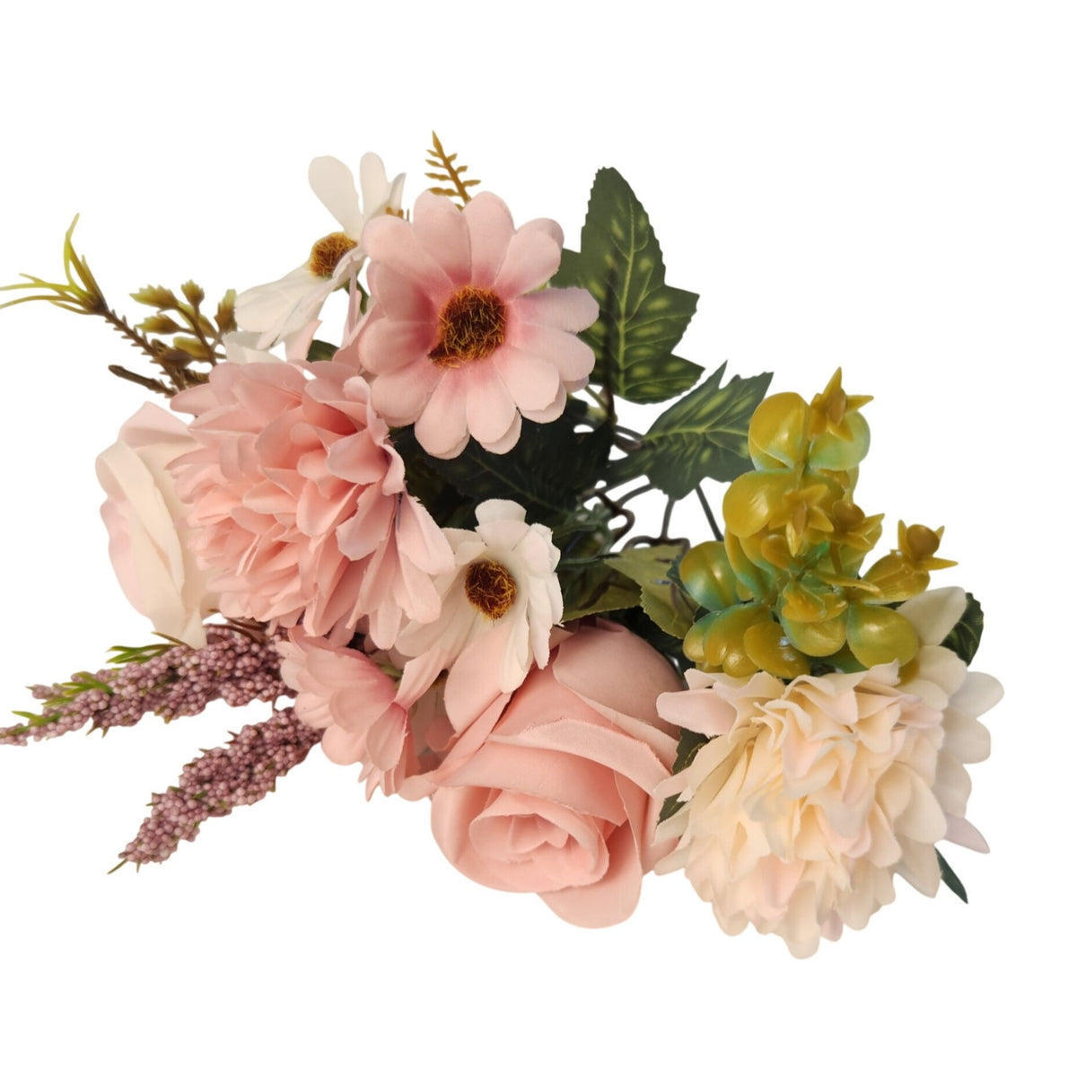 Pink Artificial Flower Bush, 7-Stem 12-Inch Mixed Bouquet for Wedding Decor