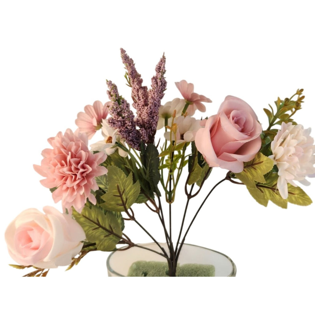 Pink Artificial Flower Bush, 7-Stem 12-Inch Mixed Bouquet for Wedding Decor