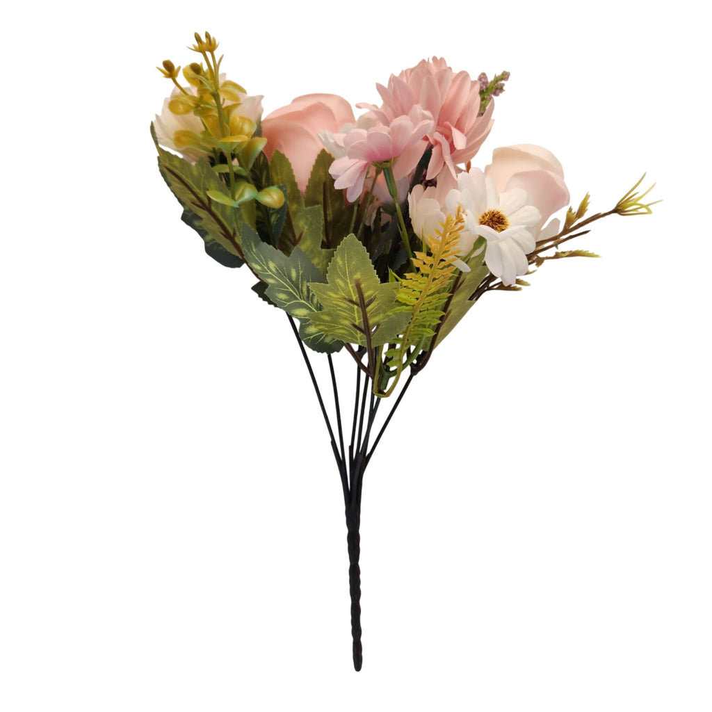 Pink Artificial Flower Bush, 7-Stem 12-Inch Mixed Bouquet for Wedding Decor