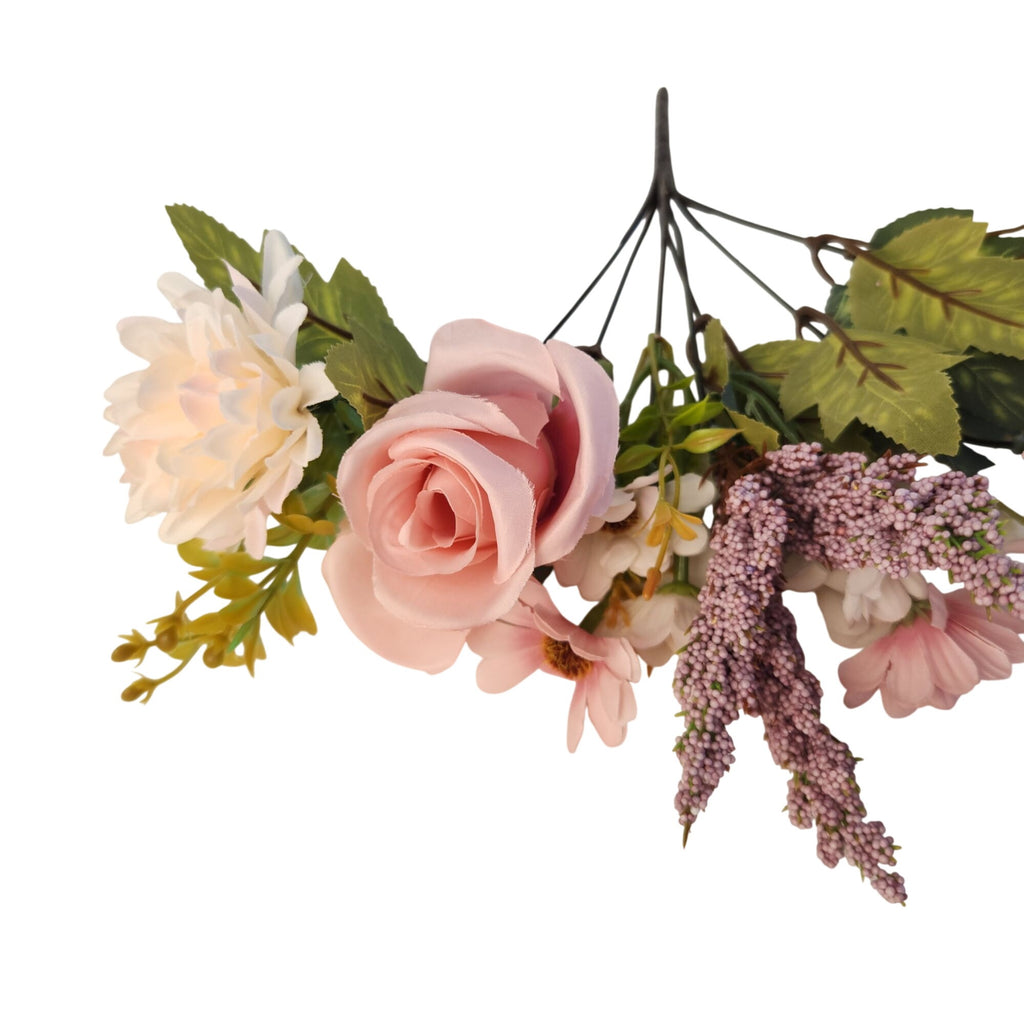 Pink Artificial Flower Bush, 7-Stem 12-Inch Mixed Bouquet for Wedding Decor