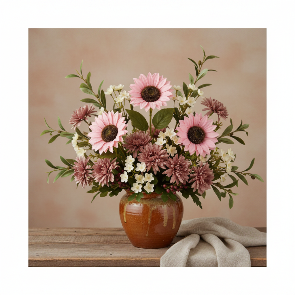 Edited romantic terracotta arrangement with controlled mauve flowers and greenery