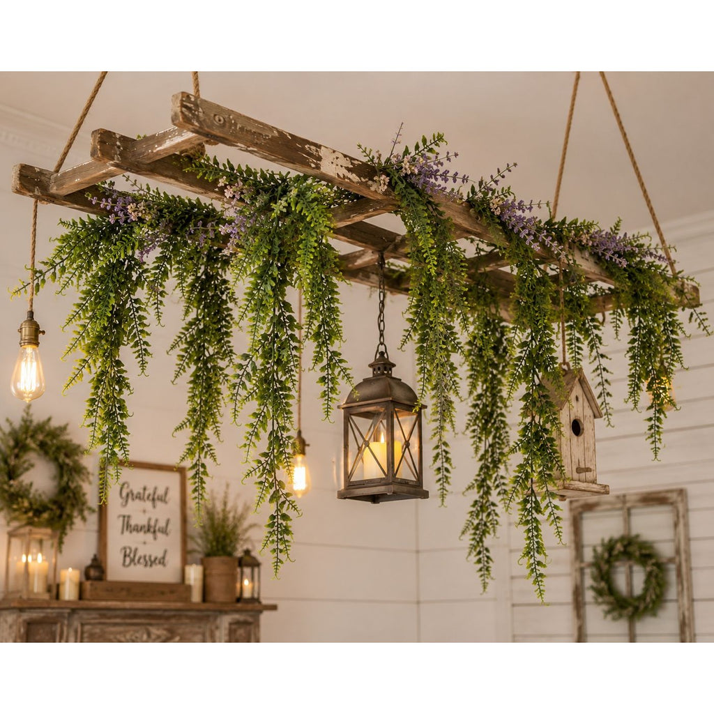 Artificial Hanging Fern Greenery Set of 2 Faux Trailing Fern Bushes Wedding Decor Farmhouse Decor 27 Inch