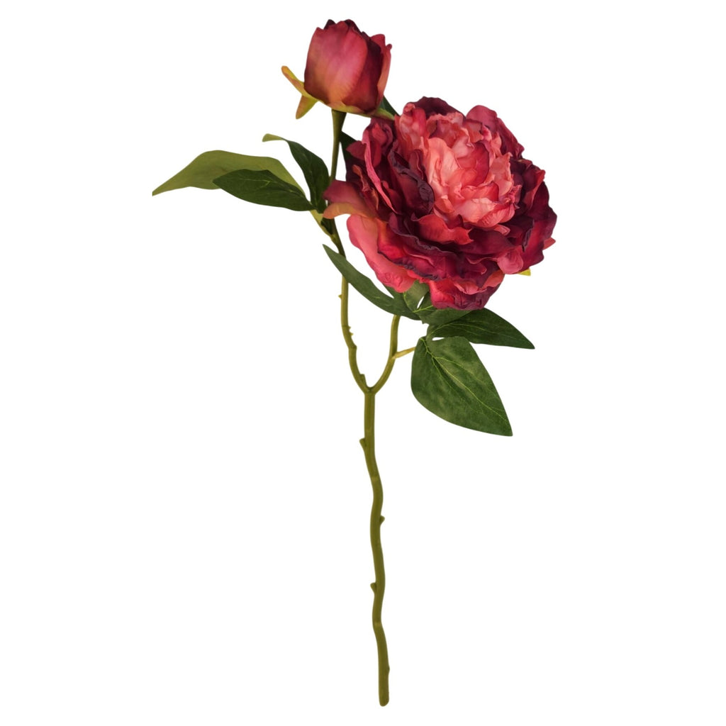 Rose Pink Faux Peony Stem 18 Inch Wedding Artificial Silk Flower Burgundy Tips