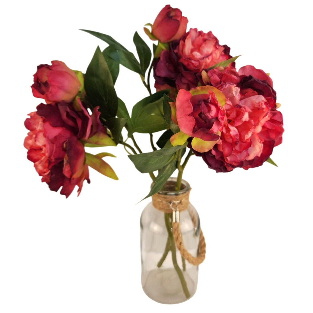 Rose Pink Faux Peony Stem 18 Inch Wedding Artificial Silk Flower Burgundy Tips