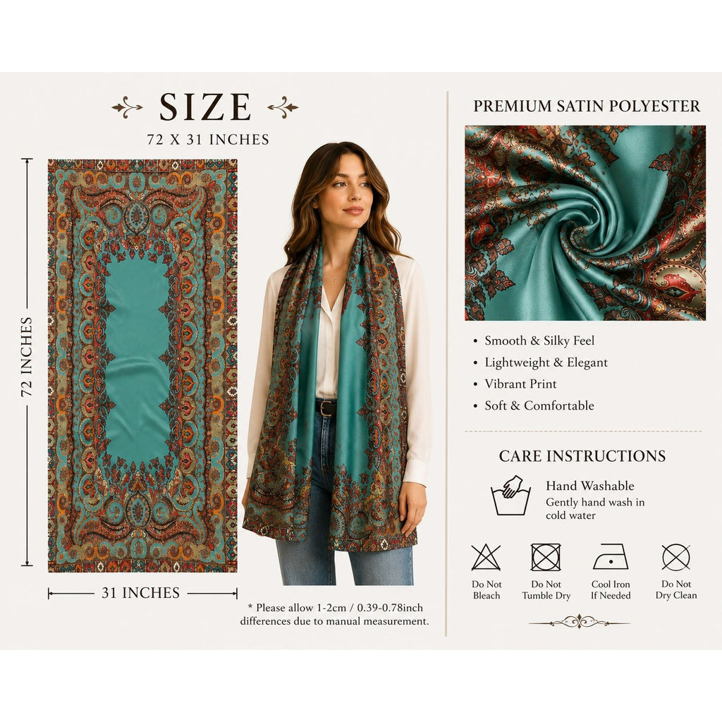 Teal patterned scarf with size, material, care instructions, and texture details on a white background.