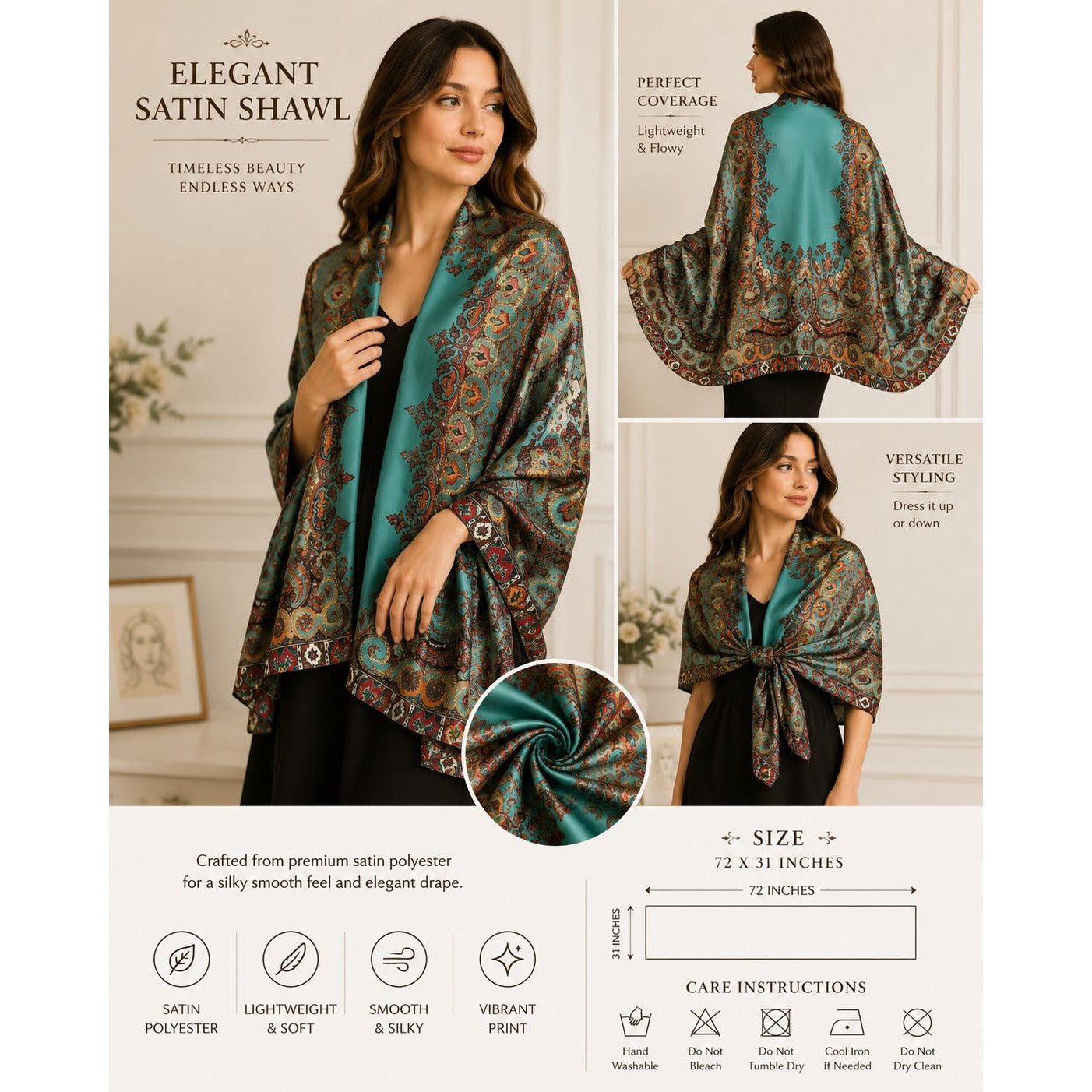 Elegant satin shawl with a woman wearing it, product details, and care instructions.