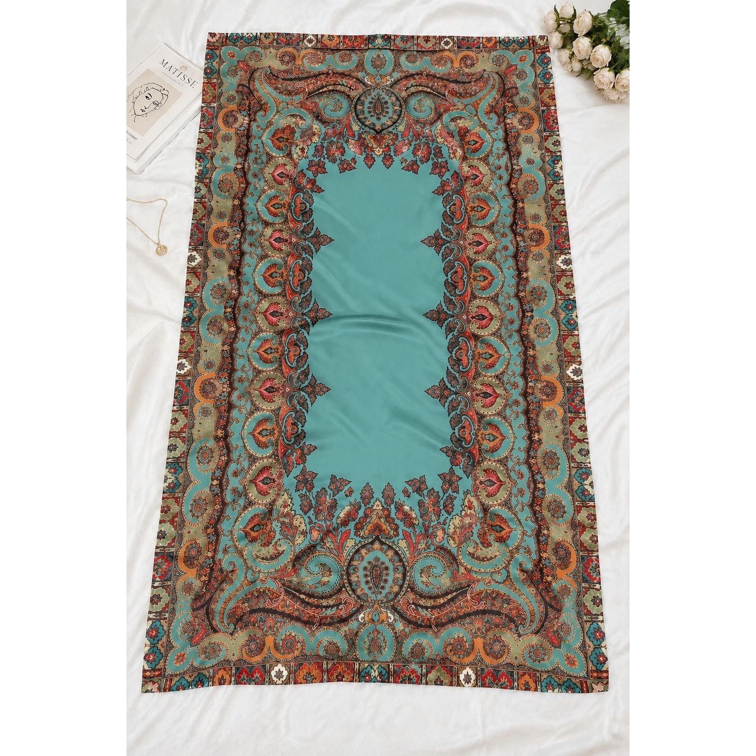 Boho Paisley Satin Scarf Wrap Shawl Teal Rust Gold Oversized 72x31 Lightweight Travel Shawl