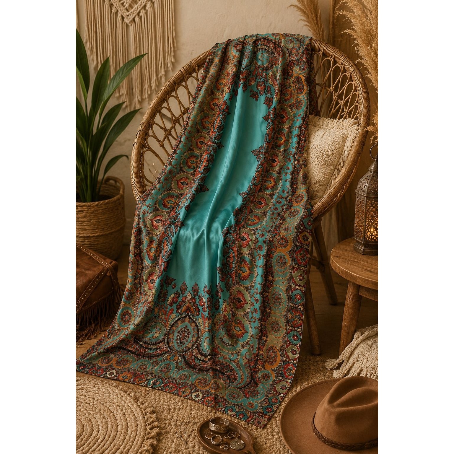 Boho Paisley Satin Scarf Wrap Shawl Teal Rust Gold Oversized 72x31 Lightweight Travel Shawl