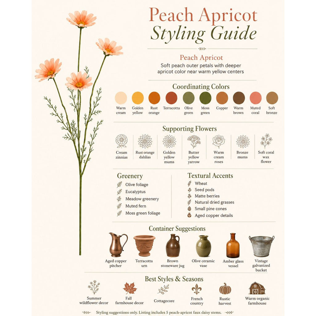 Peach Apricot Faux Daisy Stems Set of 5 | 20 Inch Artificial Wildflowers Fall Farmhouse Floral Decor