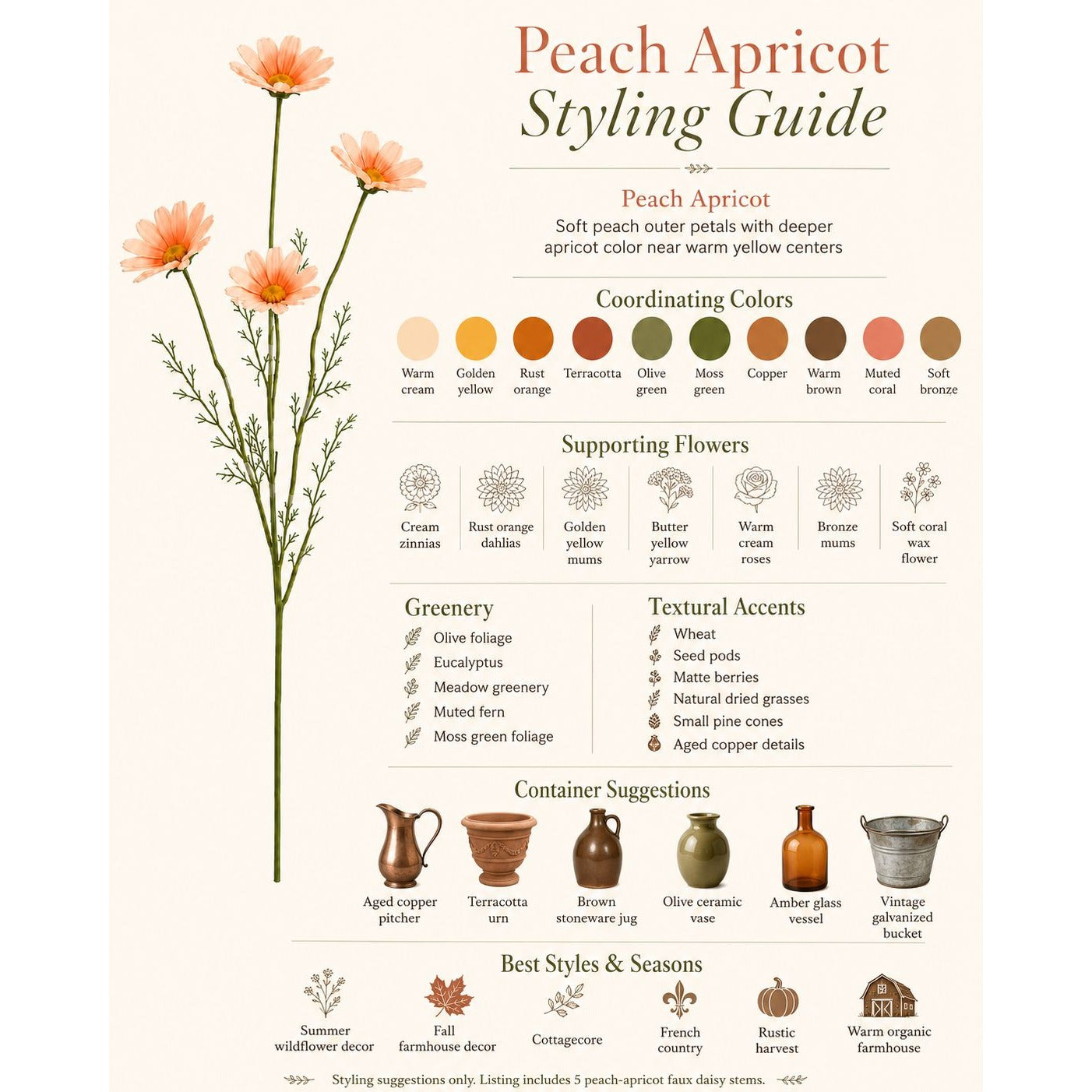 Peach Apricot Faux Daisy Stems Set of 5 | 20 Inch Artificial Wildflowers Fall Farmhouse Floral Decor