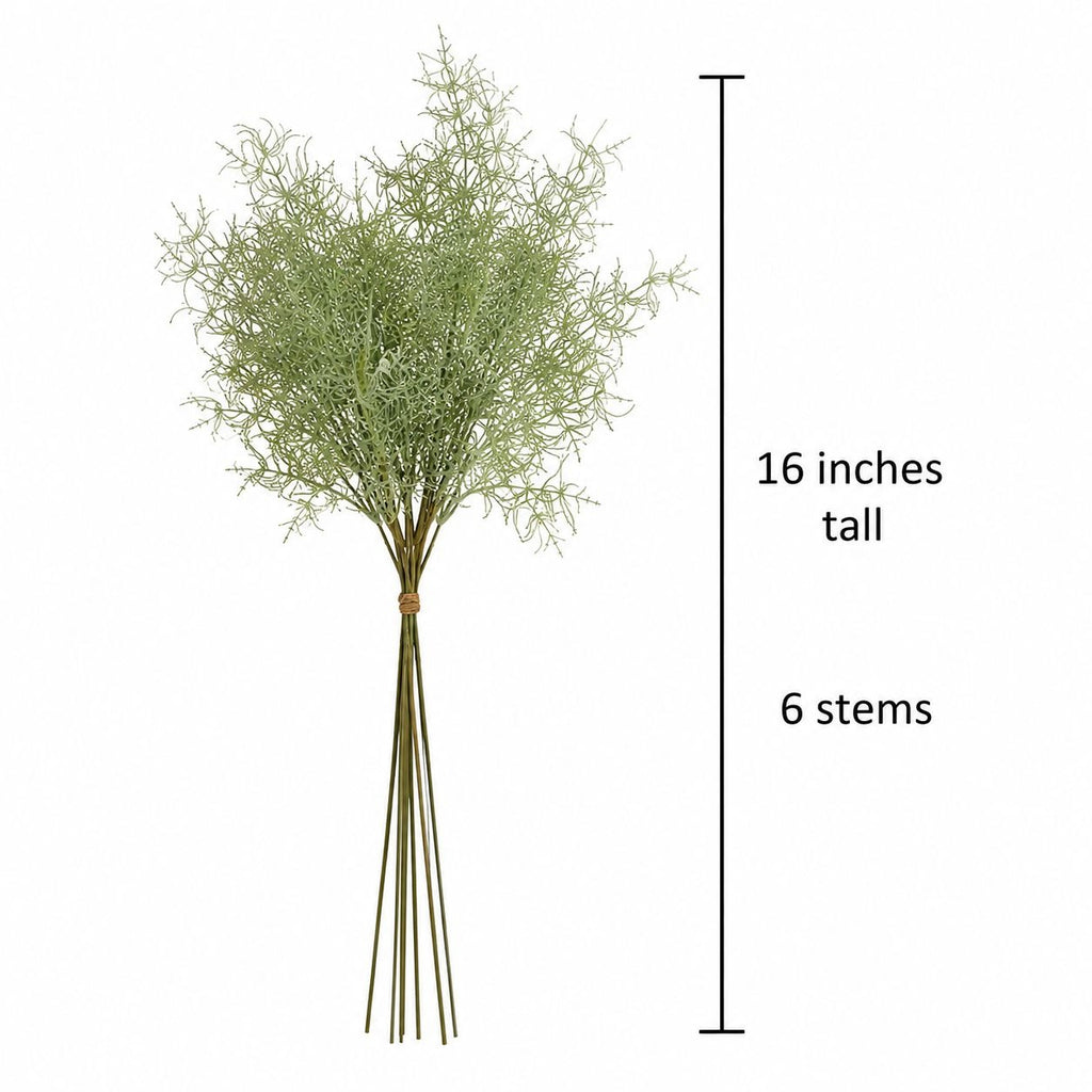 Bouquet of artificial green stems with measurement details on a white background