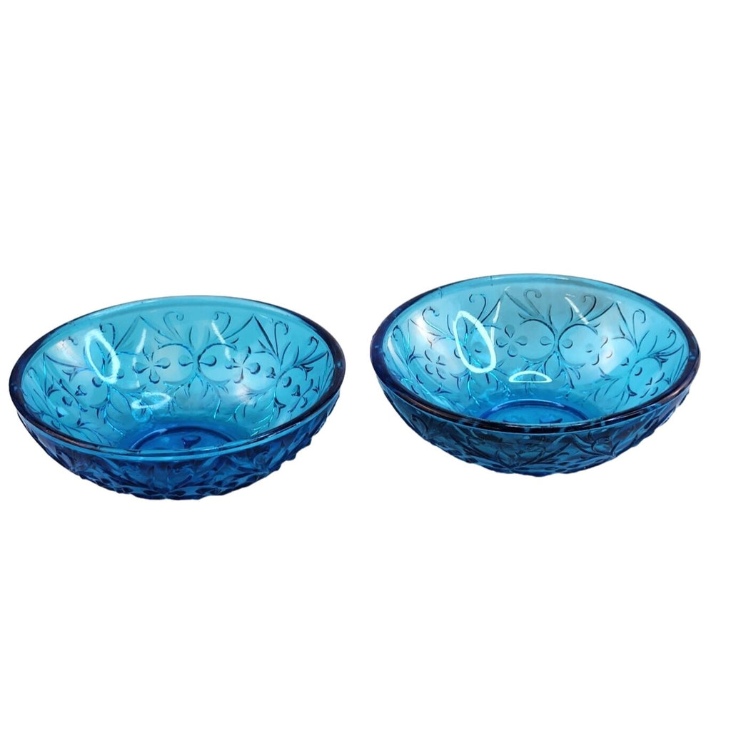 Vintage Queen Mary Blue Glass Bowls Set of 2 | 1930s Depression Glass Heart Vine | Teal Floral Trinket Dishes 4.5"