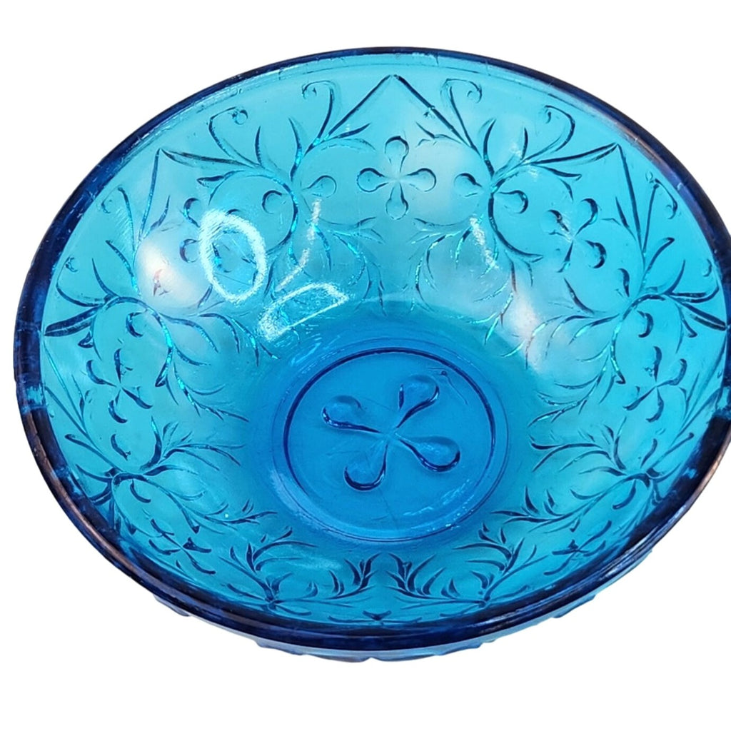 Vintage Queen Mary Blue Glass Bowls Set of 2 | 1930s Depression Glass Heart Vine | Teal Floral Trinket Dishes 4.5"