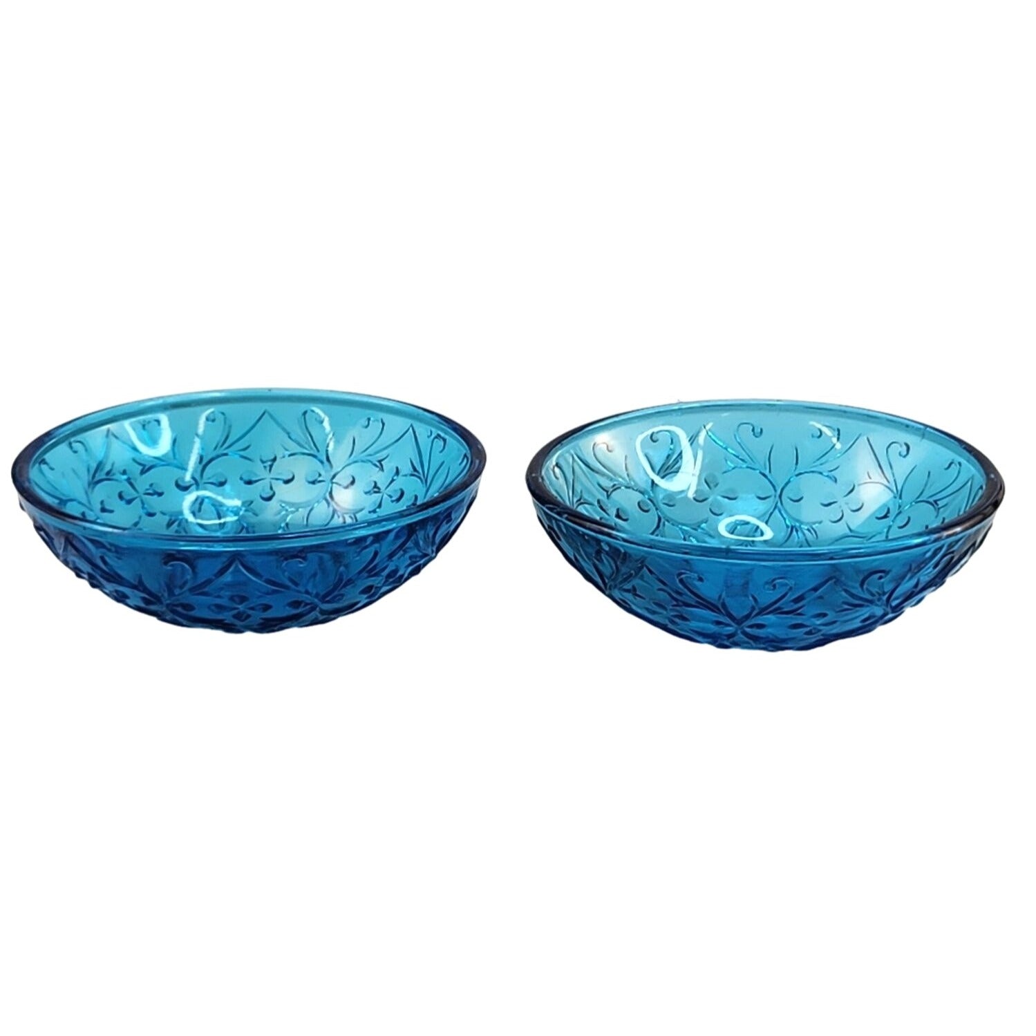 Vintage Queen Mary Blue Glass Bowls Set of 2 | 1930s Depression Glass Heart Vine | Teal Floral Trinket Dishes 4.5"