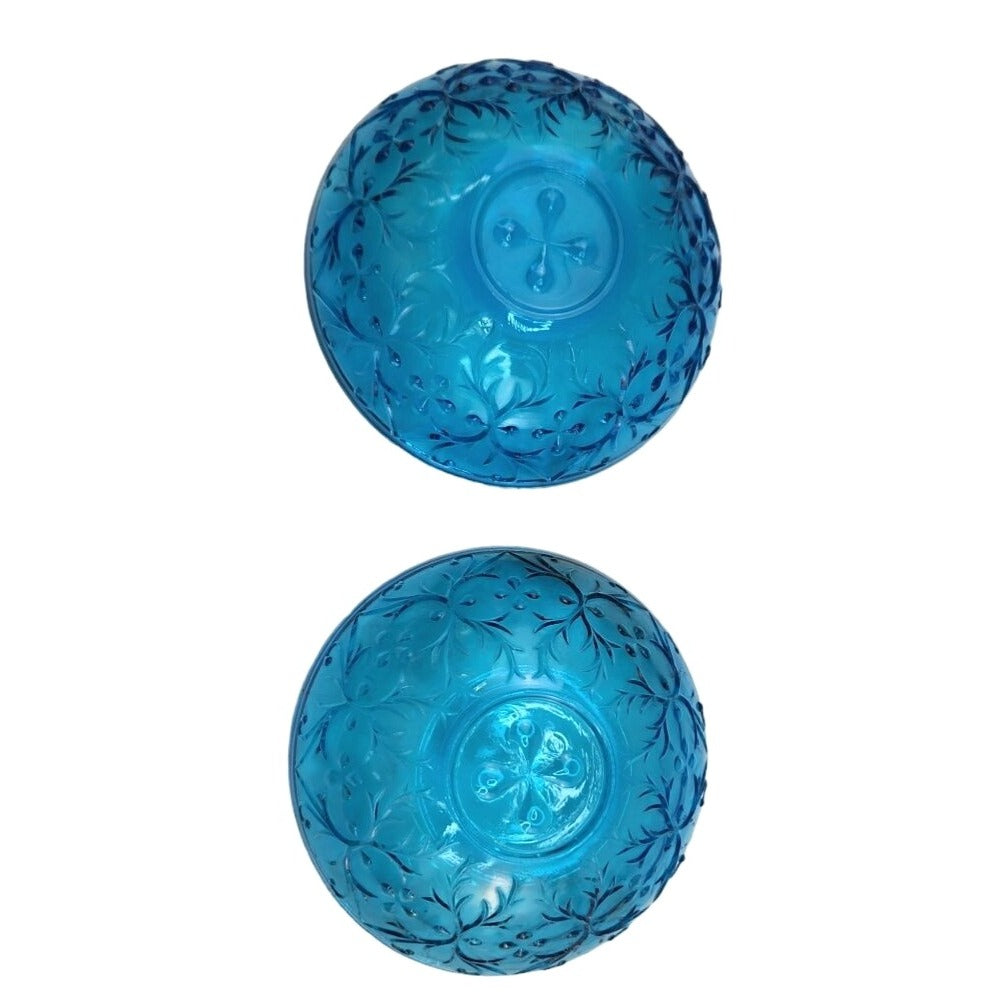 Vintage Queen Mary Blue Glass Bowls Set of 2 | 1930s Depression Glass Heart Vine | Teal Floral Trinket Dishes 4.5"