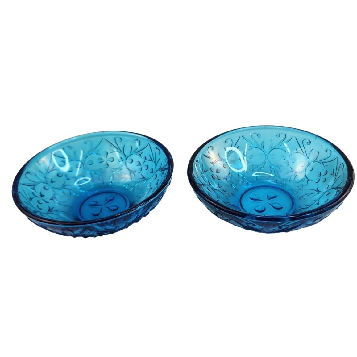 Vintage Queen Mary Blue Glass Bowls Set of 2 | 1930s Depression Glass Heart Vine | Teal Floral Trinket Dishes 4.5"